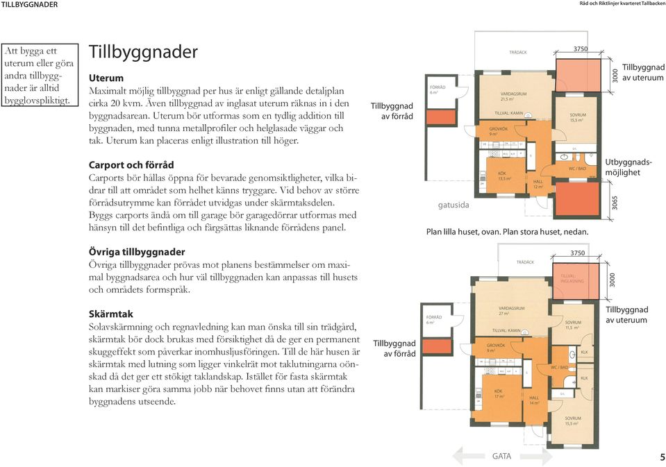 Uterum bör utformas som en tydlig addition till byggnaden, med tunna metallprofiler och helglasade väggar och tak. Uterum kan placeras enligt illustration till höger.