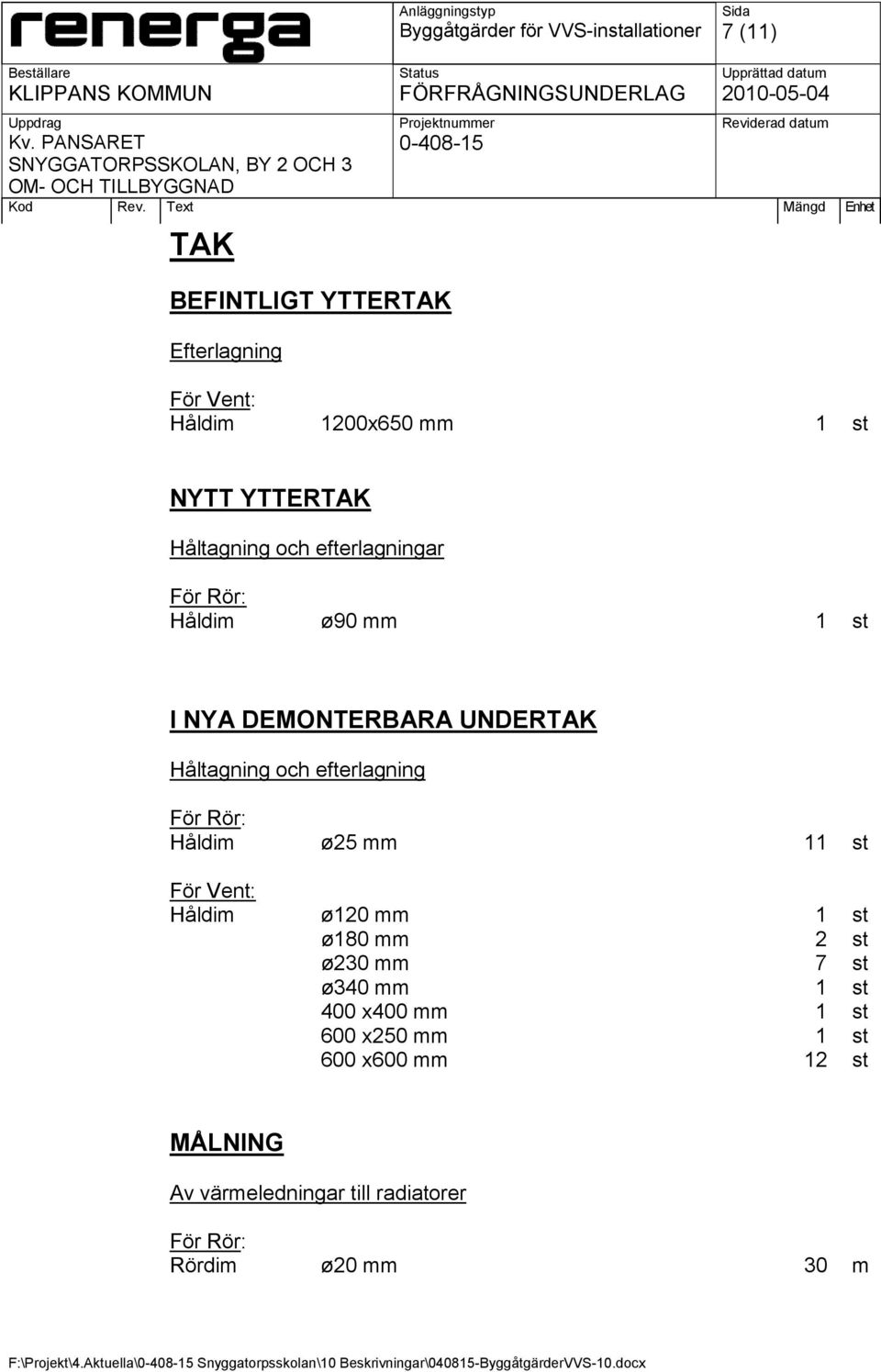 Håldim ø120 mm 1 st ø180 mm 2 st ø230 mm 7 st ø340 mm 1 st 400 x400 mm 1 st 600