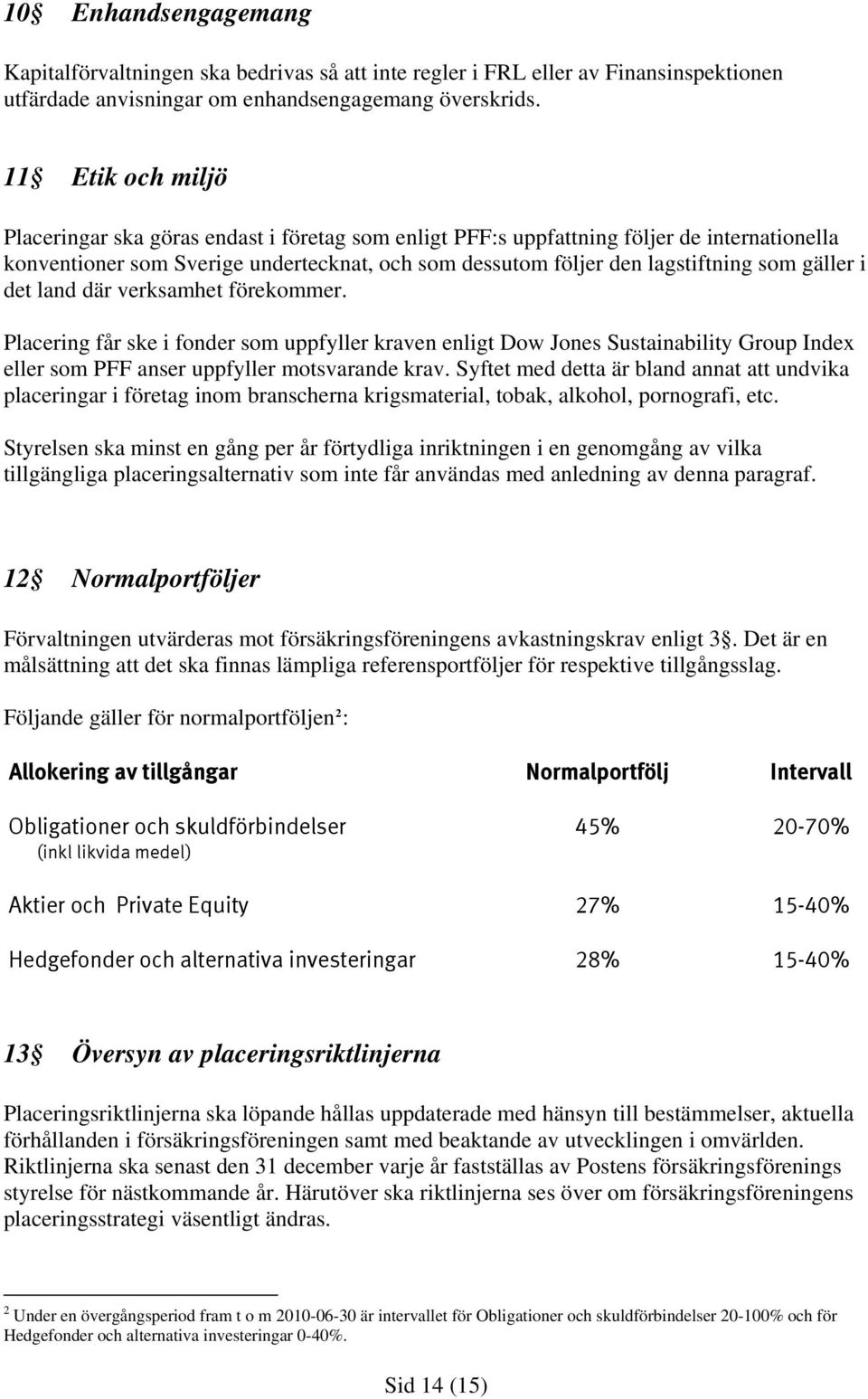 gäller i det land där verksamhet förekommer. Placering får ske i fonder som uppfyller kraven enligt Dow Jones Sustainability Group Index eller som PFF anser uppfyller motsvarande krav.