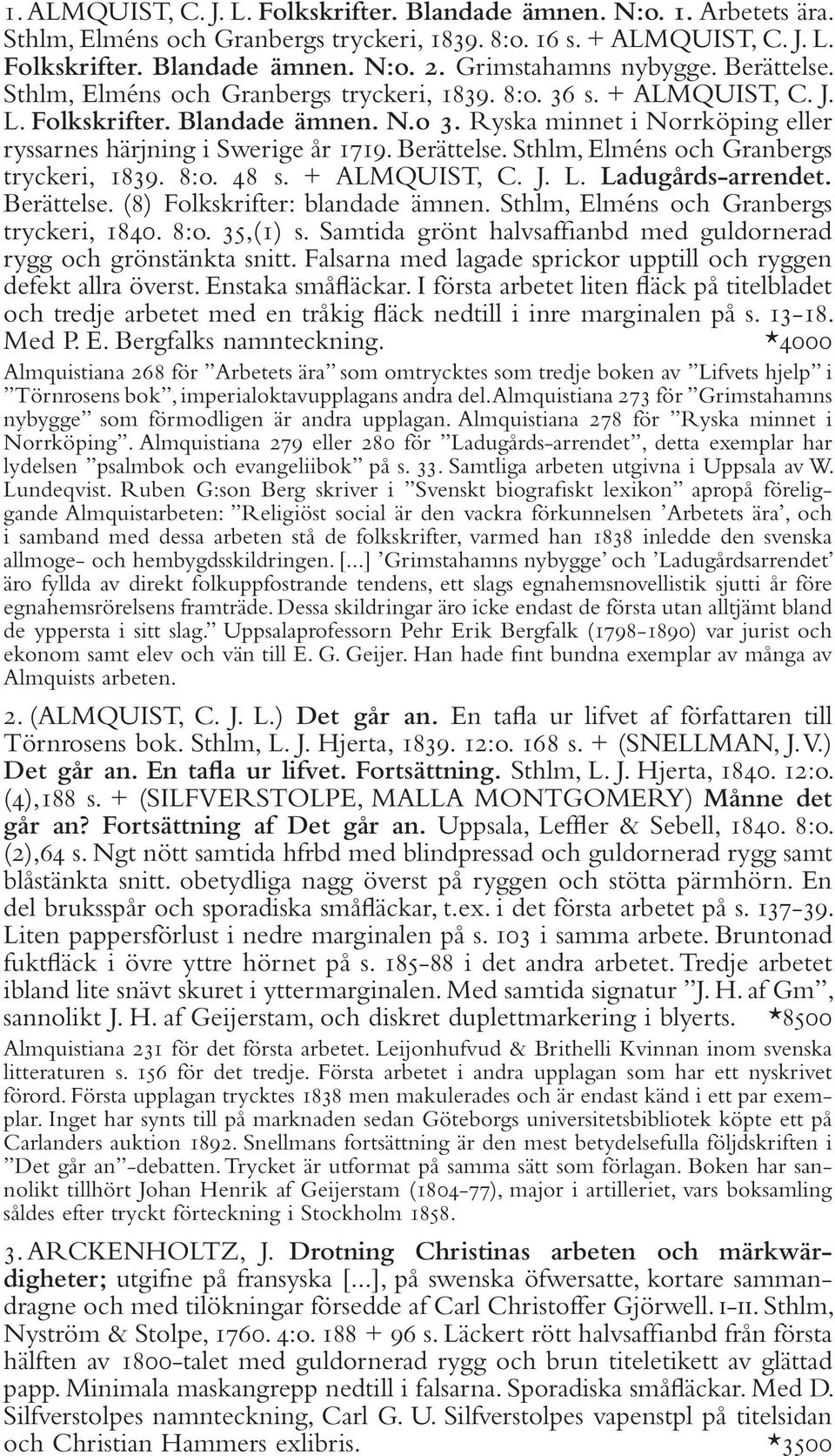 Ryska minnet i Norrköping eller ryssarnes härjning i Swerige år 1719. Berättelse. Sthlm, Elméns och Granbergs tryckeri, 1839. 8:o. 48 s. + ALMQUIST, C. J. L. Ladugårds-arrendet. Berättelse. (8) Folkskrifter: blandade ämnen.