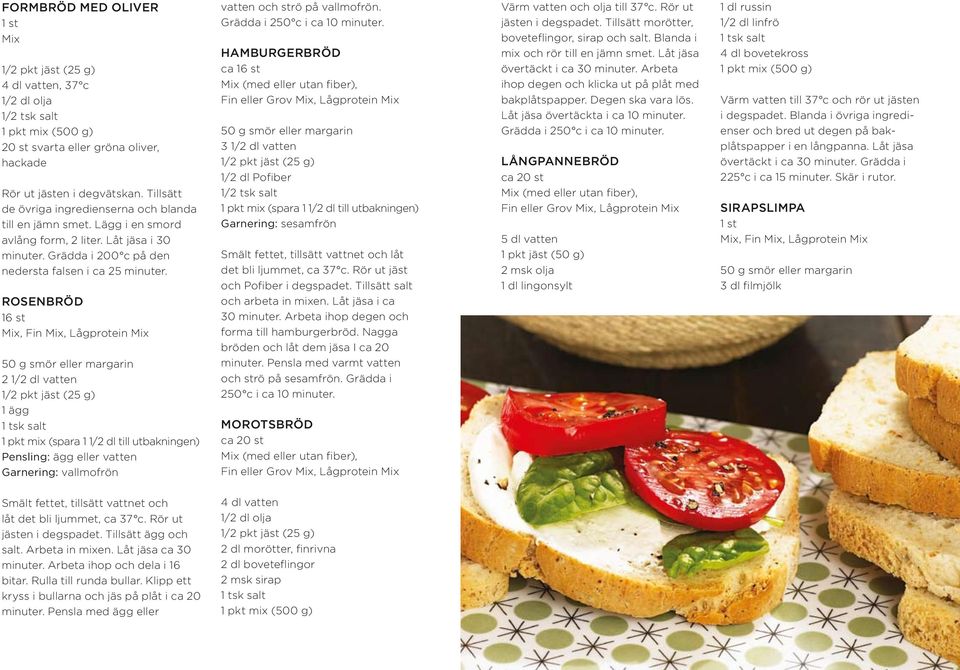 ROSENBRÖD 16 st 2 1/2 dl vatten 1 pkt mix (spara 1 1/2 dl till utbakningen) Pensling: ägg eller vatten Garnering: vallmofrön vatten och strö på vallmofrön. Grädda i 250 c i ca 10 minuter.