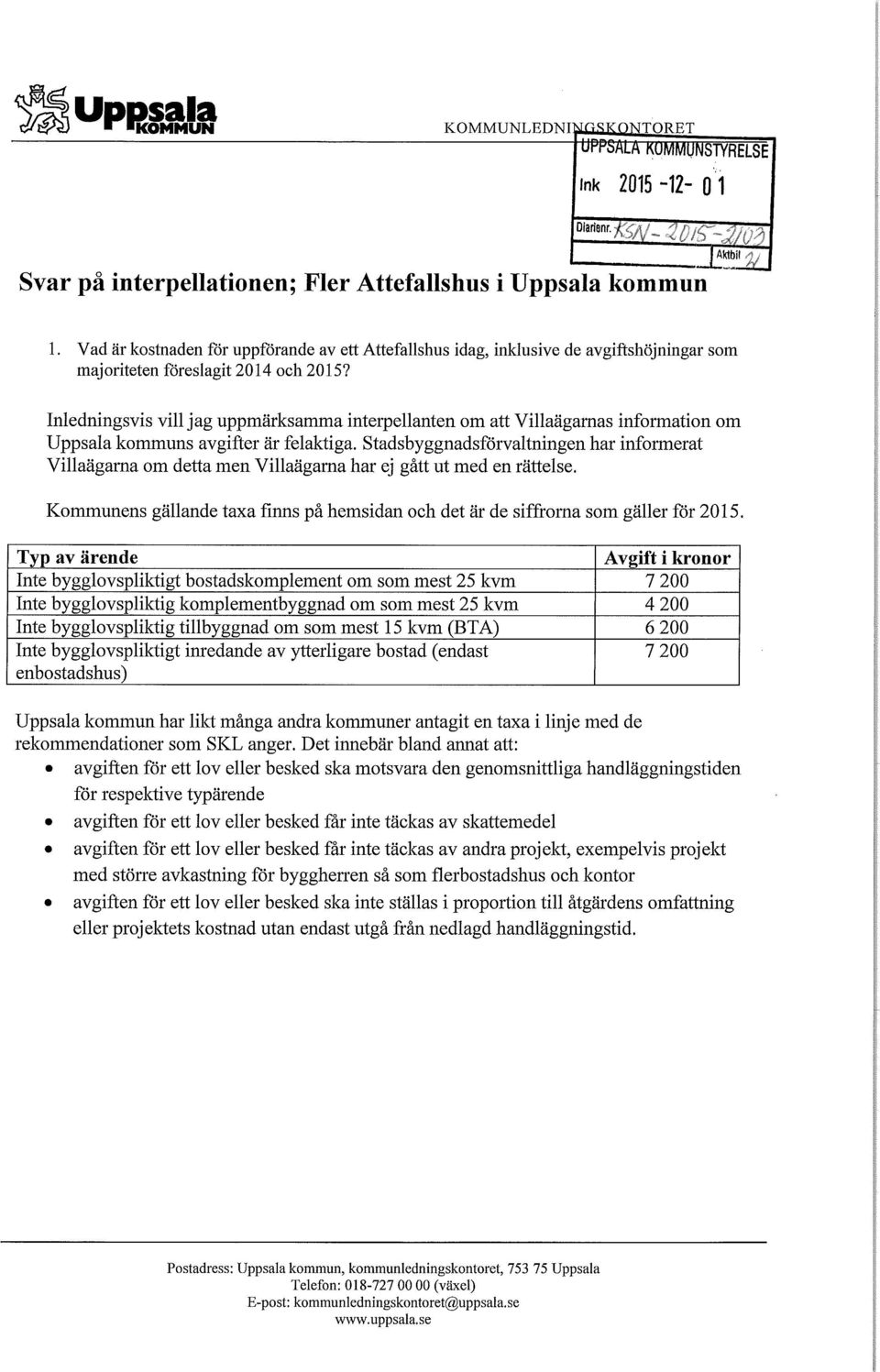 Inledningsvis vill jag uppmärksamma interpellanten om att Villaägarnas information om Uppsala kommuns avgifter är felaktiga.