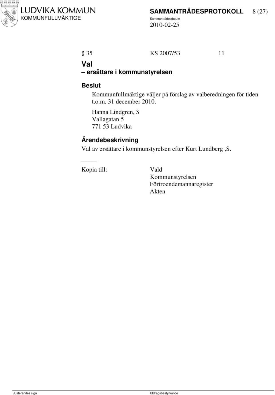 Hanna Lindgren, S Vallagatan 5 771 53 Ludvika Val av ersättare i