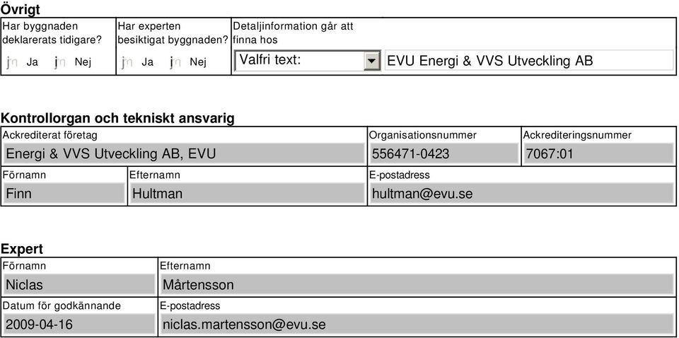 VVS Utveckling AB, EVU Organisationsnummer 556471-0423 Ackrediteringsnummer 7067:01 Förnamn Finn Efternamn Hultman