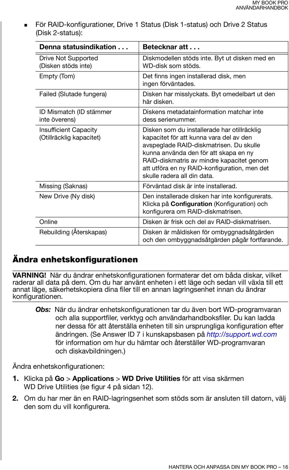 disk) Online Rebuilding (Återskapas) Ändra enhetskonfigurationen Diskmodellen stöds inte. Byt ut disken med en WD-disk som stöds. Det finns ingen installerad disk, men ingen förväntades.