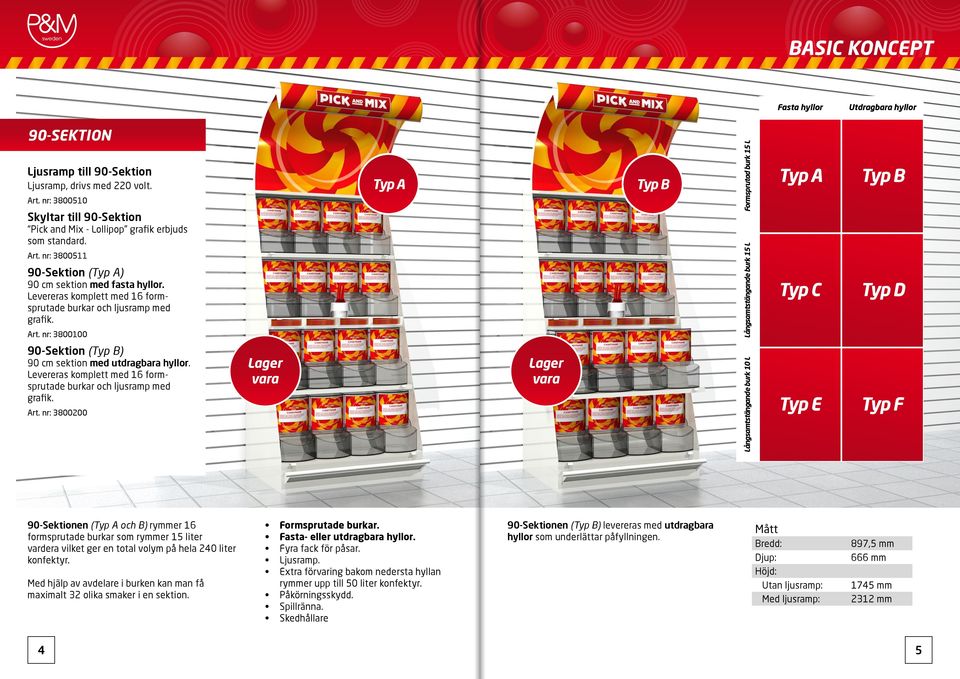 nr: 3800100 90-Sektion (Typ B) 90 cm sektion med utdragbara hyllor. Levereras komplett med 16 formsprutade burkar och ljusramp med grafik. Art.