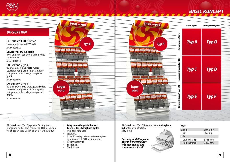 nr: 3800500 90-Sektion (Typ F) 90 cm sektion med utdragbara hyllor. Levereras komplett med 24 långsamt stängande burkar och ljusramp med grafik. Art.