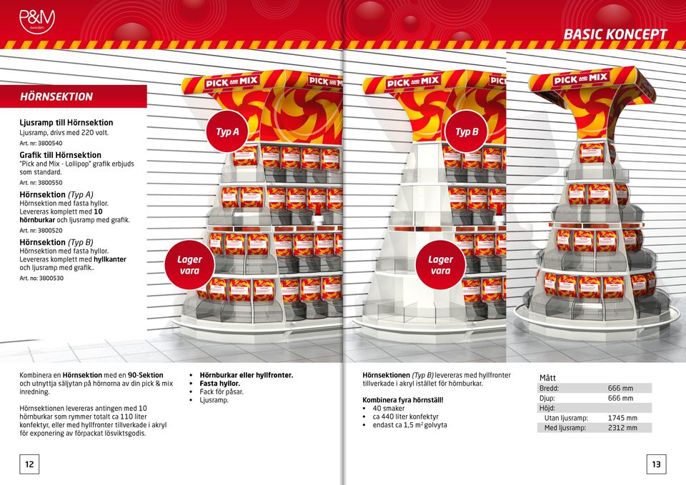 nr: 3800520 Typ A Typ B Hörnsektion (Typ B) Hörnsektion med fasta hyllor. Levereras komplett med hyllkanter och ljusramp med grafik.. Art.