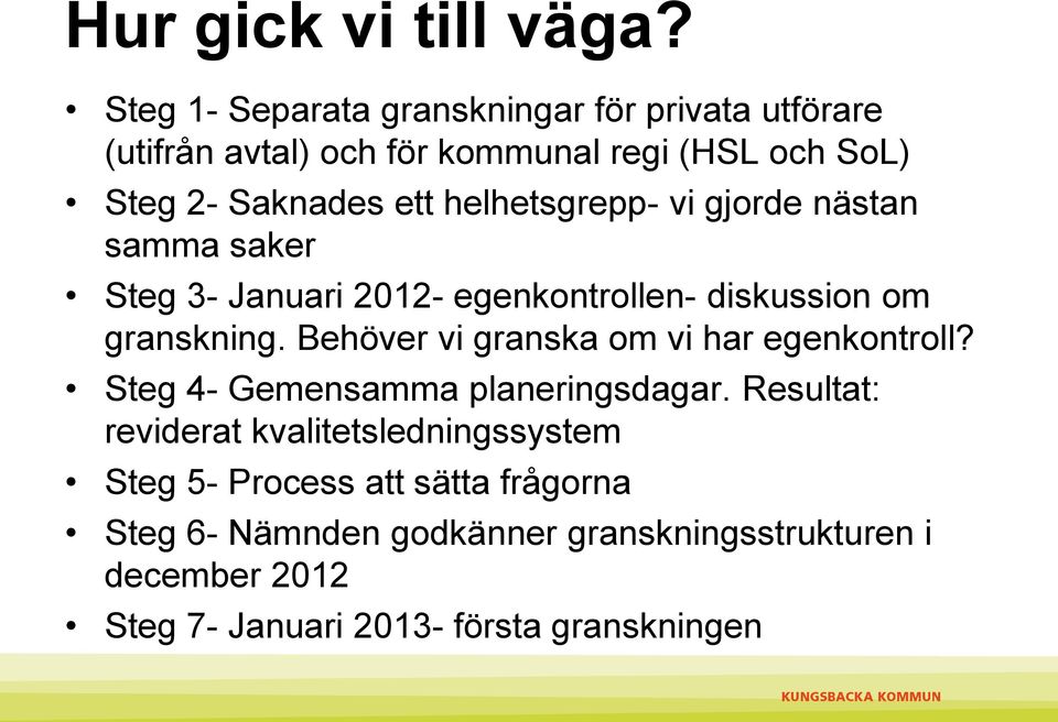 helhetsgrepp- vi gjorde nästan samma saker Steg 3- Januari 2012- egenkontrollen- diskussion om granskning.