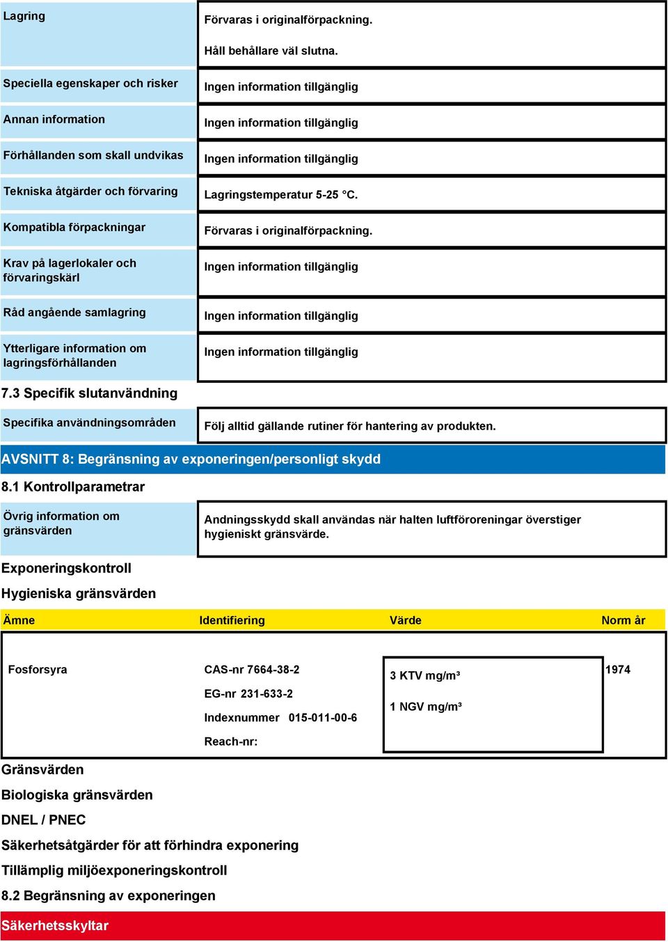 5-25 C. Förvaras i originalförpackning. Råd angående samlagring Ytterligare information om lagringsförhållanden 7.