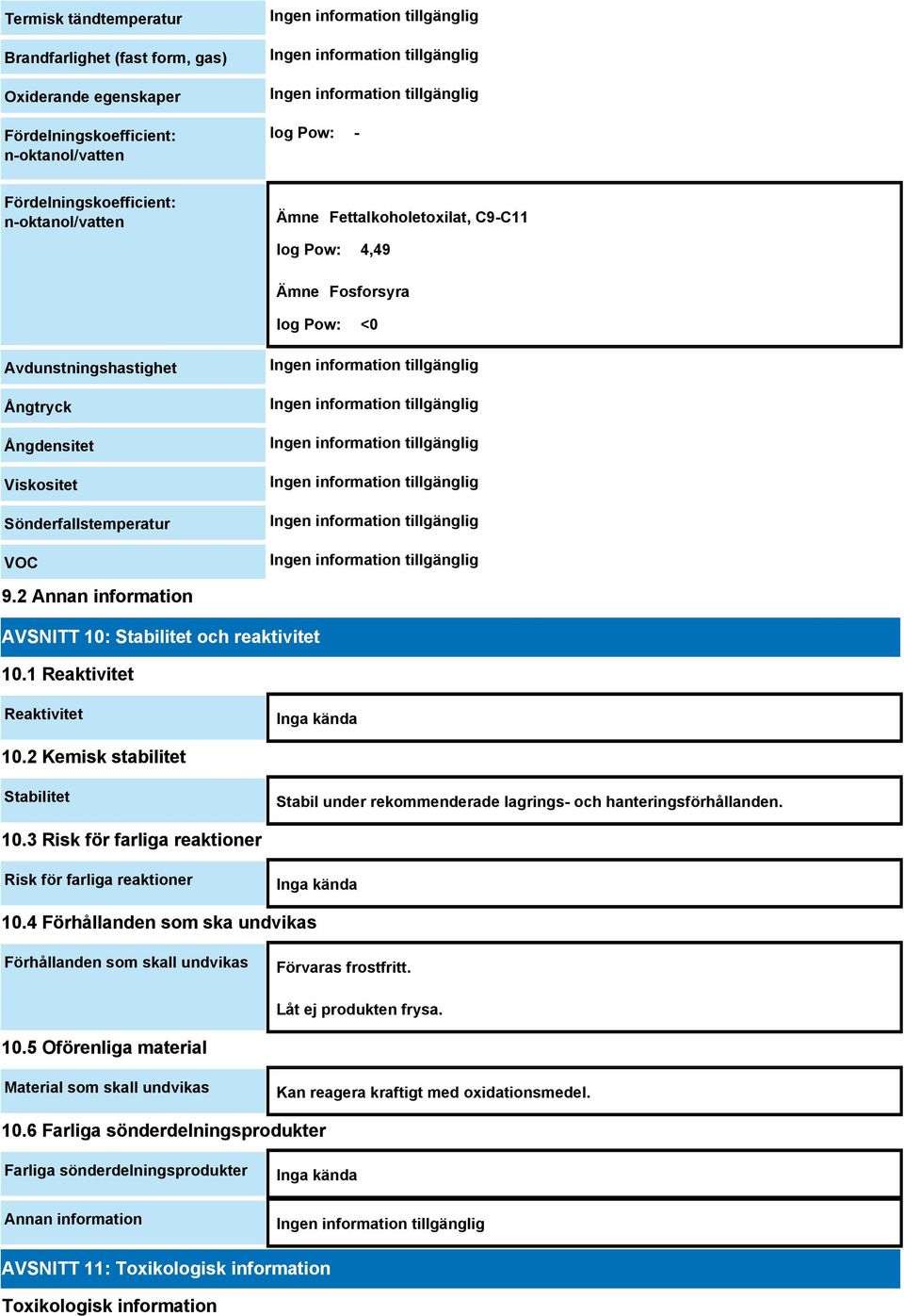 1 Reaktivitet Reaktivitet Inga kända 10.2 Kemisk stabilitet Stabilitet Stabil under rekommenderade lagrings- och hanteringsförhållanden. 10.3 Risk för farliga reaktioner Risk för farliga reaktioner Inga kända 10.
