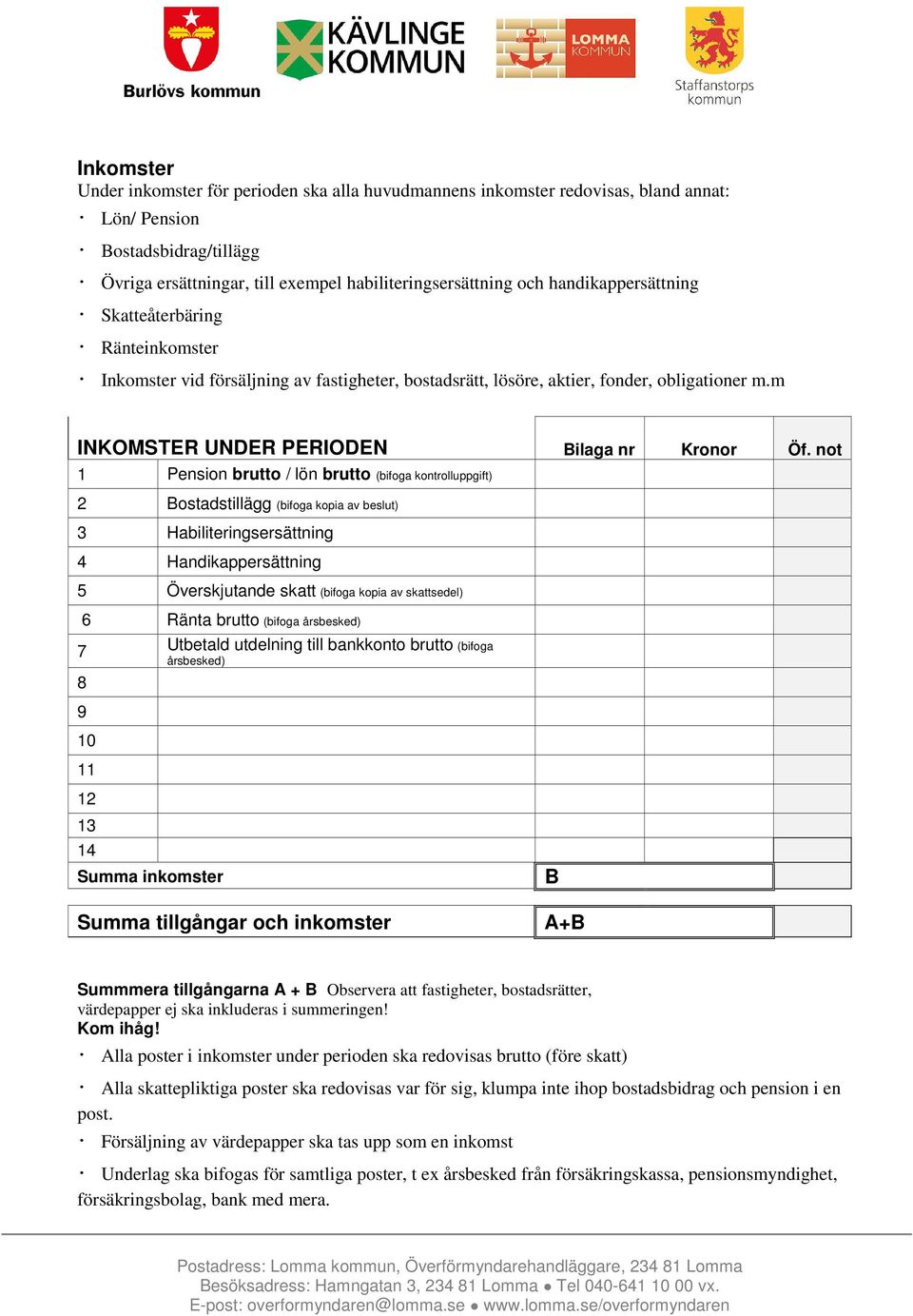 not 1 Pension brutto / lön brutto (bifoga kontrolluppgift) 2 Bostadstillägg (bifoga kopia av beslut) 3 Habiliteringsersättning 4 Handikappersättning 5 Överskjutande skatt (bifoga kopia av skattsedel)