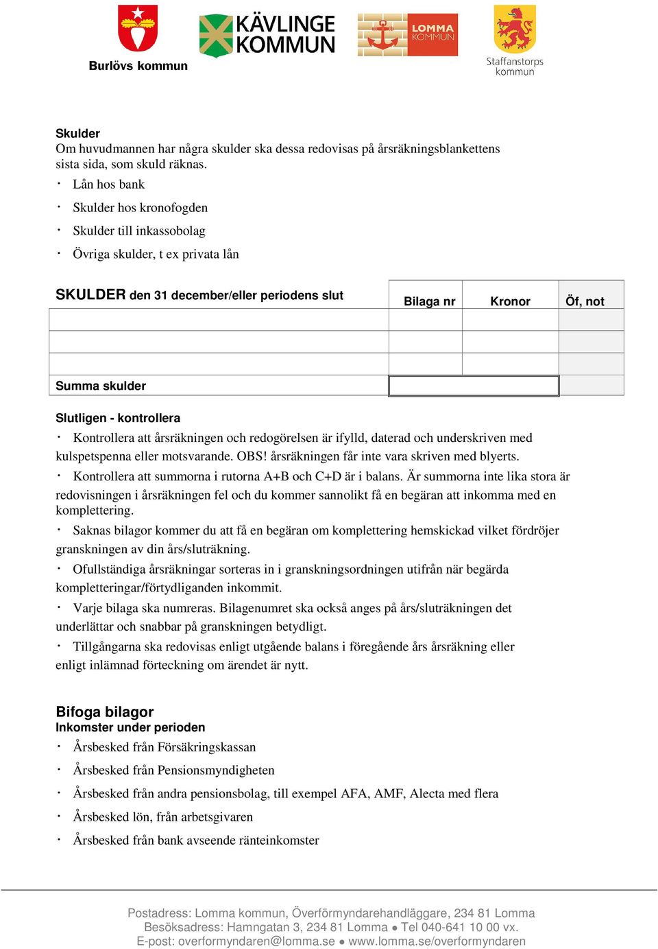 kontrollera Kontrollera att årsräkningen och redogörelsen är ifylld, daterad och underskriven med kulspetspenna eller motsvarande. OBS! årsräkningen får inte vara skriven med blyerts.