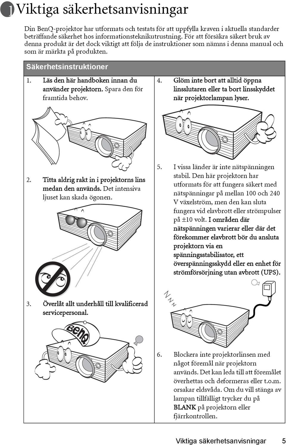 Läs den här handboken innan du använder projektorn. Spara den för framtida behov. 4. Glöm inte bort att alltid öppna linsslutaren eller ta bort linsskyddet när projektorlampan lyser. 2.