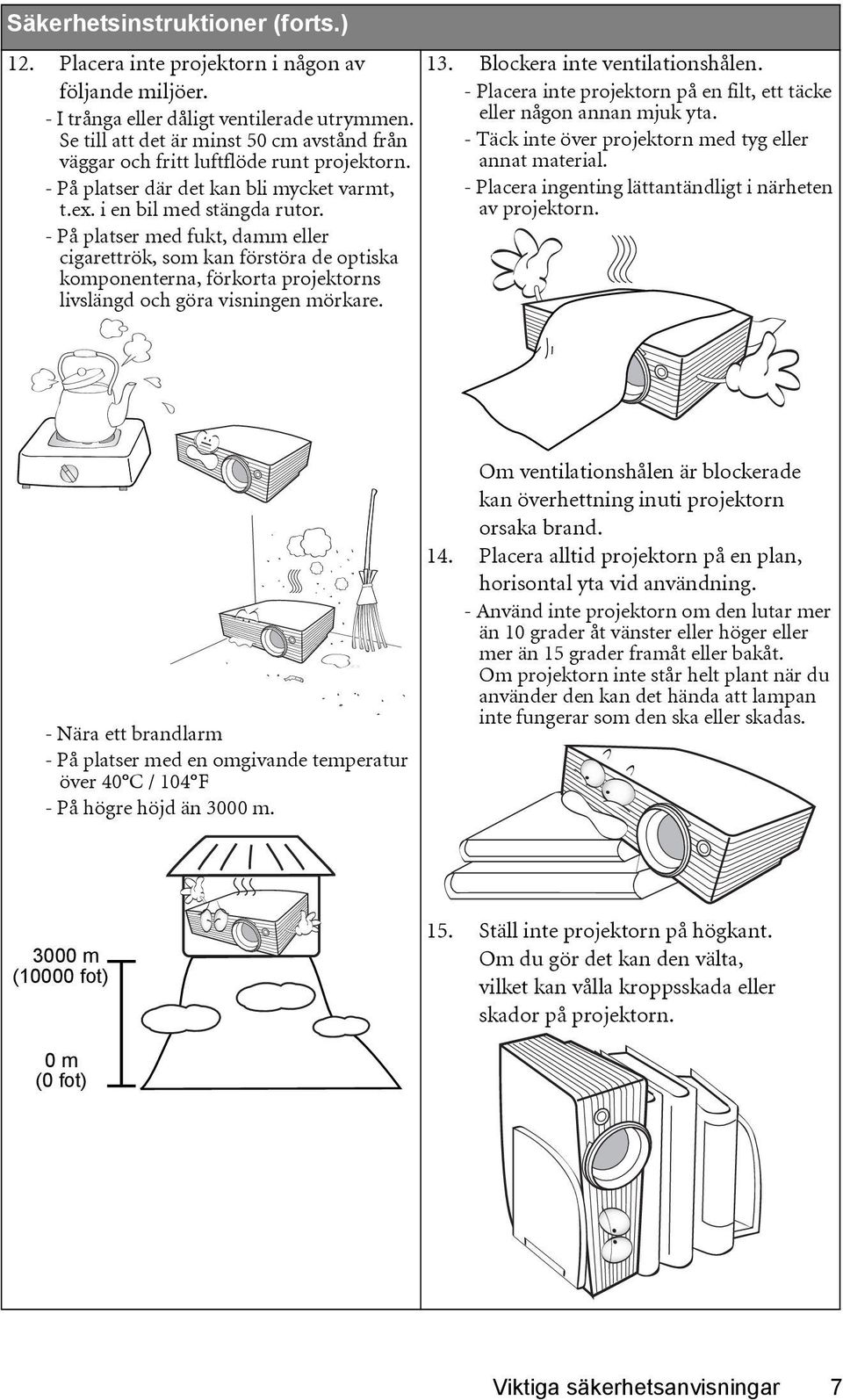 - På platser med fukt, damm eller cigarettrök, som kan förstöra de optiska komponenterna, förkorta projektorns livslängd och göra visningen mörkare. 13. Blockera inte ventilationshålen.