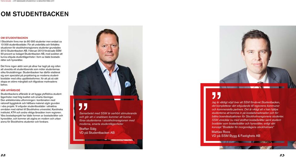 I februari 2013 förvärvade SSM 50 procent av bolaget Studentbacken AB, med avsikten att kunna erbjuda studentlägenheter i form av både bostadsrätter och hyresrätter.