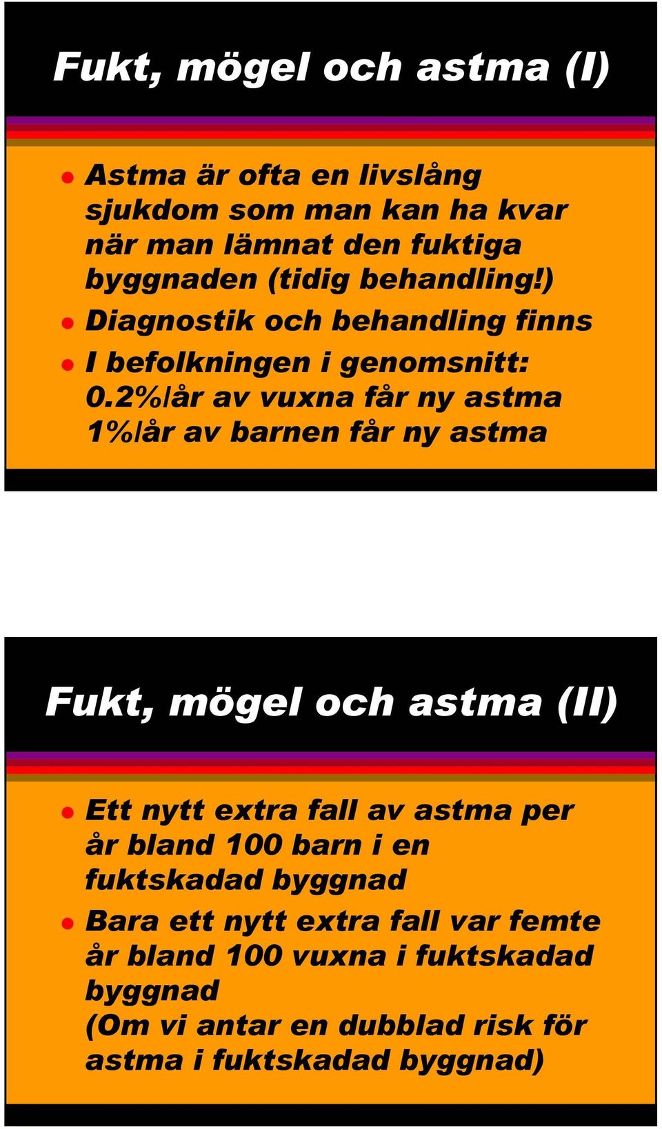 2%/år av vuxna får ny astma 1%/år av barnen får ny astma Fukt, mögel och astma (II) Ett nytt extra fall av astma per år