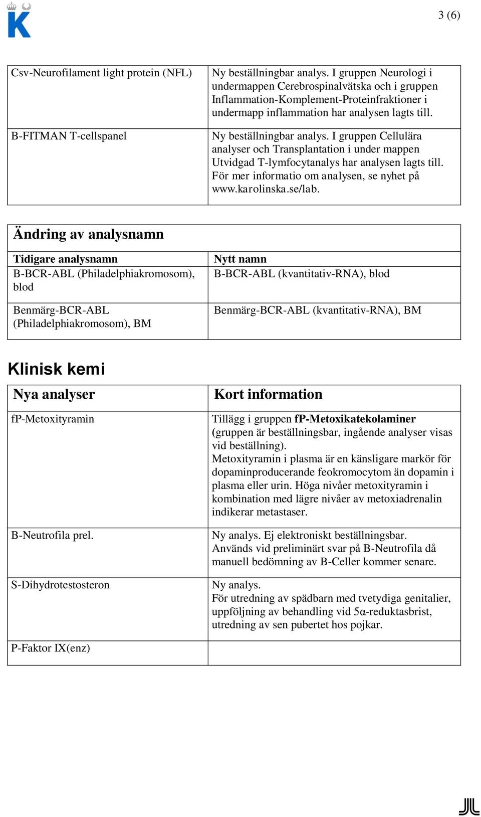 I gruppen Cellulära analyser och Transplantation i under mappen Utvidgad T-lymfocytanalys har analysen lagts till. För mer informatio om analysen, se nyhet på www.karolinska.se/lab.