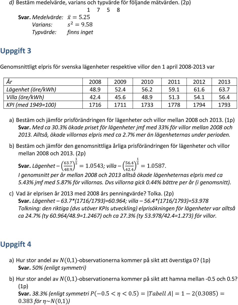 6 63.7 Villa (öre/kwh) 42.4 45.6 48.9 51.3 54.1 56.4 KPI (med 1949=100) 1716 1711 1733 1778 1794 1793 a) Bestäm och jämför prisförändringen för lägenheter och villor mellan 2008 och 2013. (1p) Svar.