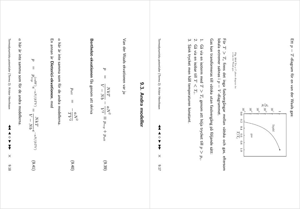 Sänk trycket men håll temperaturen konstant. ermodynamiska potentialer (ermo 2): Krister Henriksson 9.7 9.3. Andra modeller an der Waals ekvationen var ju p Nk Nb an2 2 p rep + p att (9.