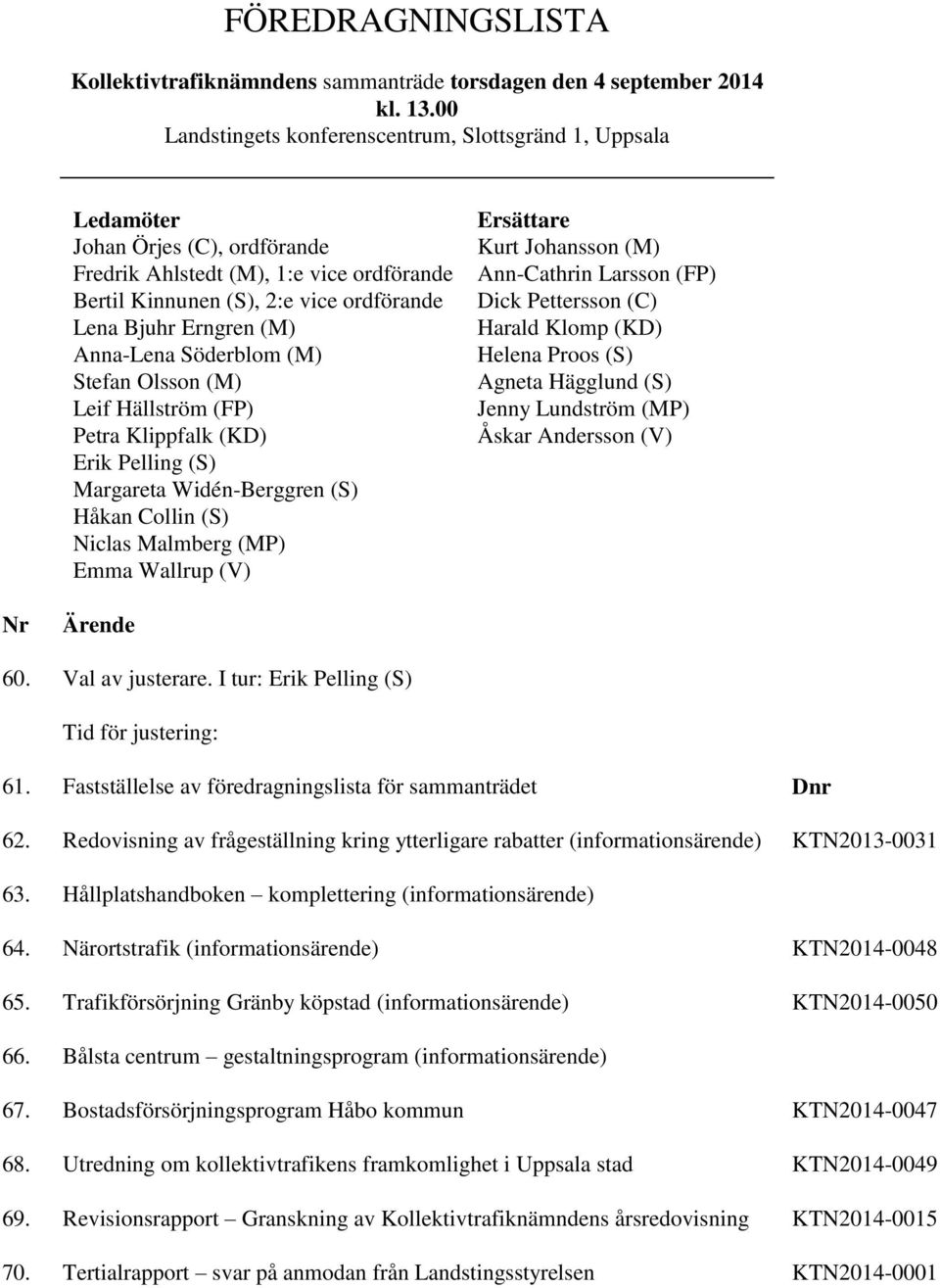 (M) Anna-Lena Söderblom (M) Stefan Olsson (M) Leif Hällström (FP) Petra Klippfalk (KD) Erik Pelling (S) Margareta Widén-Berggren (S) Håkan Collin (S) Niclas Malmberg (MP) Emma Wallrup (V) Ersättare