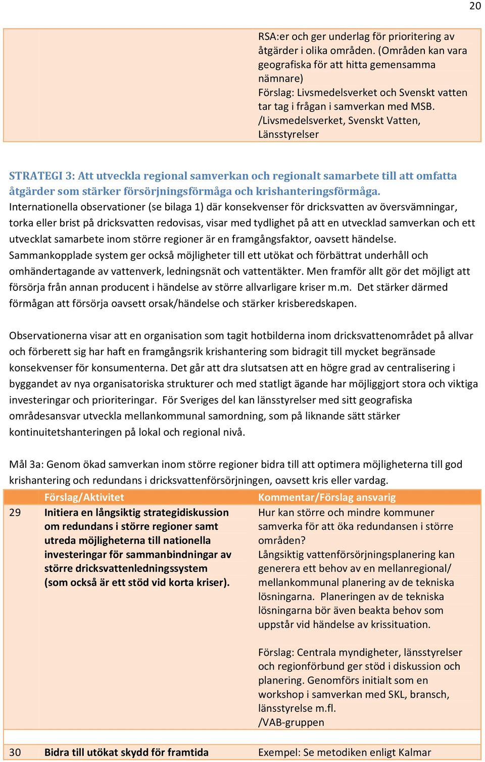 /Livsmedelsverket, Svenskt Vatten, Länsstyrelser 20 STRATEGI 3: Att utveckla regional samverkan och regionalt samarbete till att omfatta åtgärder som stärker försörjningsförmåga och