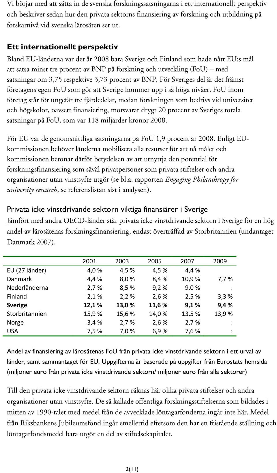 Ett internationellt perspektiv Bland EU-länderna var det år 2008 bara Sverige och Finland som hade nått EU:s mål att satsa minst tre procent av BNP på forskning och utveckling (FoU) med satsningar om