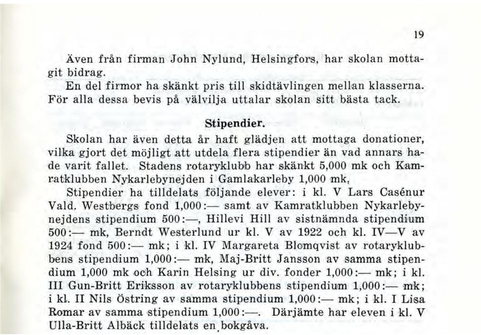 Skolan hal' även detta ål' haft glädjen att mottag'a donationer, vilka gjort det möjligt att utdela flera stipendier än vad annars ha de v:arit fallet. Stadens l'otaryklubb har skänkt 5,000 mk.