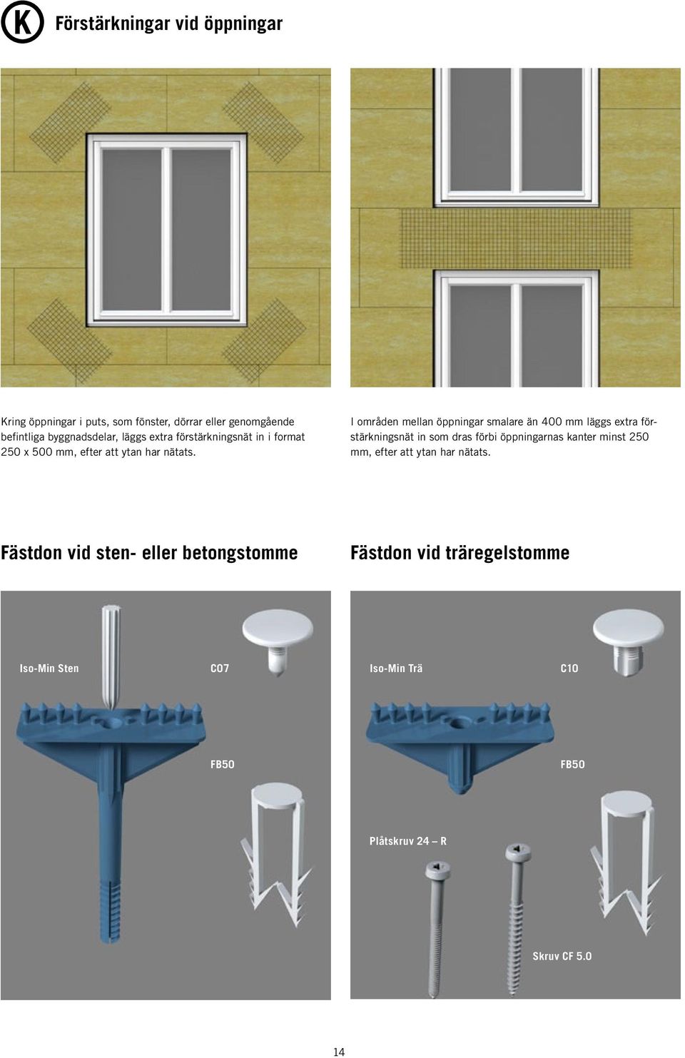 I områden mellan öppningar smalare än 400 mm läggs extra förstärkningsnät in som dras förbi öppningarnas kanter minst 250