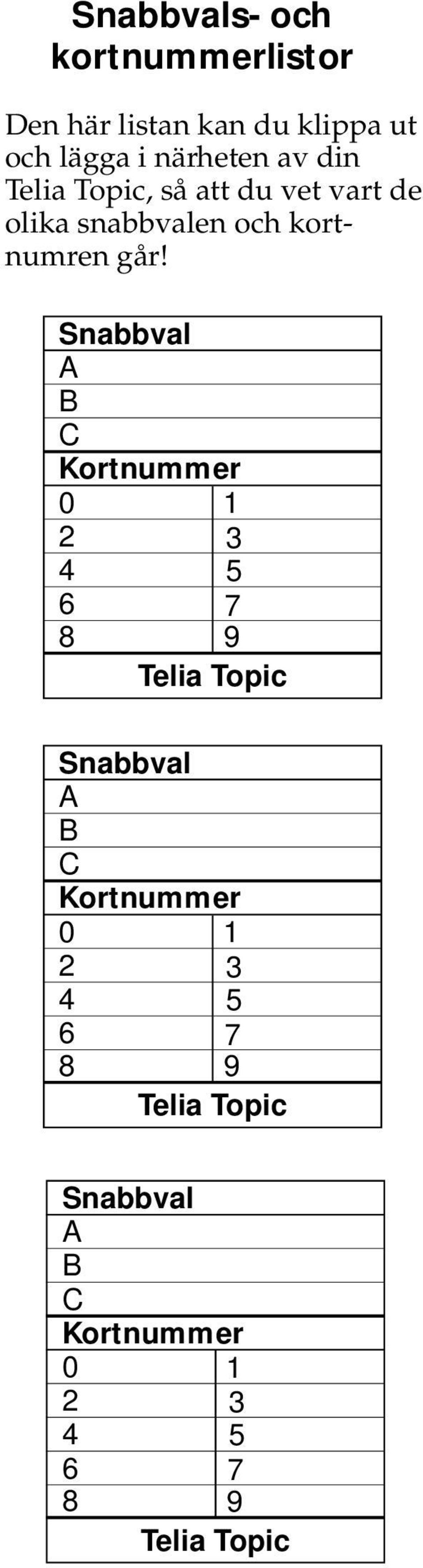 Snabbval A B C Kortnummer 0 1 2 4 6 8 3 5 7 9 Telia Topic Snabbval A B C Kortnummer