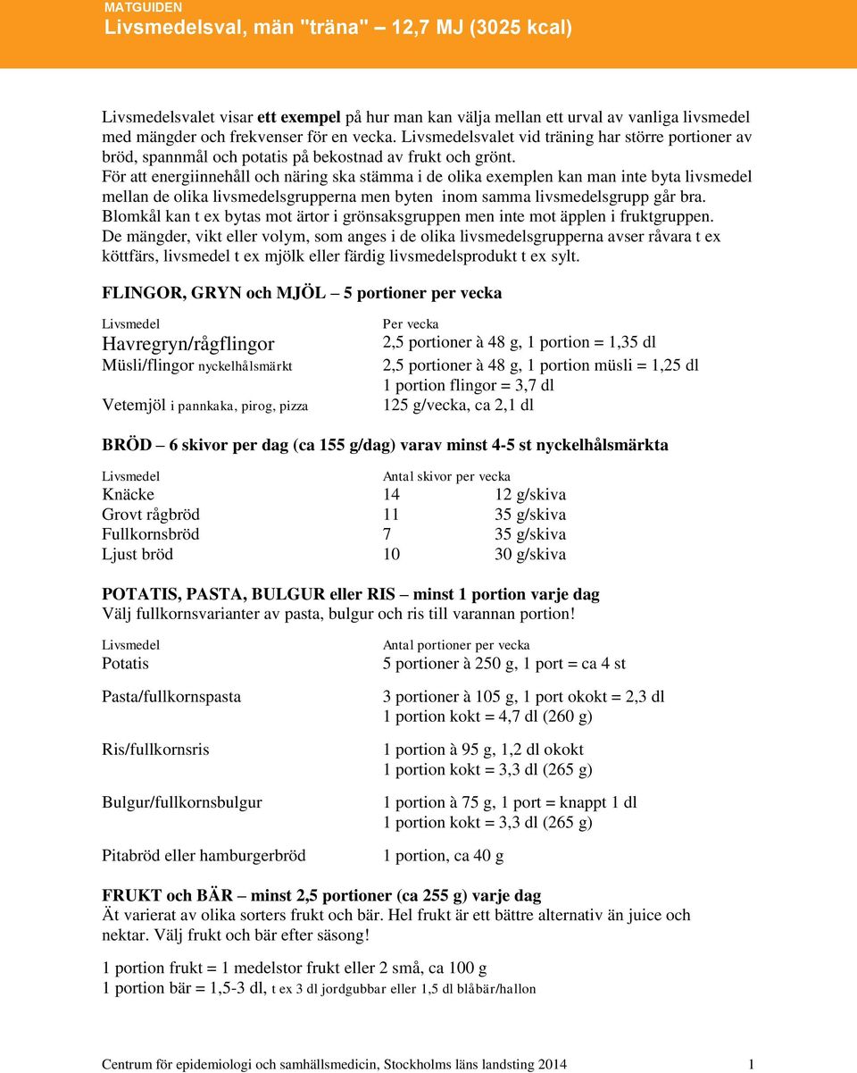 För att energiinnehåll och näring ska stämma i de olika exemplen kan man inte byta livsmedel mellan de olika livsmedelsgrupperna men byten inom samma livsmedelsgrupp går bra.