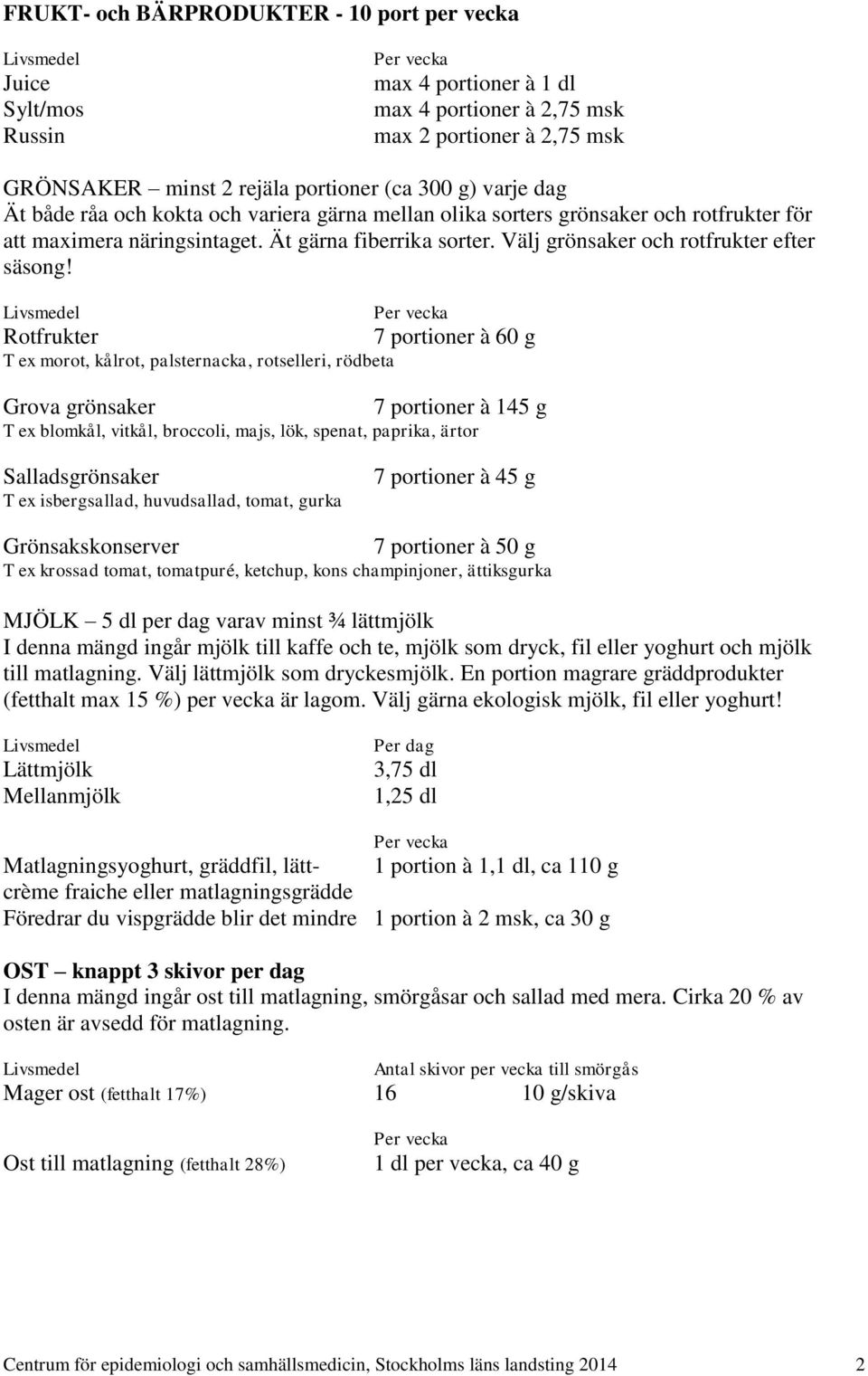 Rotfrukter T ex morot, kålrot, palsternacka, rotselleri, rödbeta Grova grönsaker 7 portioner à 60 g 7 portioner à 145 g T ex blomkål, vitkål, broccoli, majs, lök, spenat, paprika, ärtor