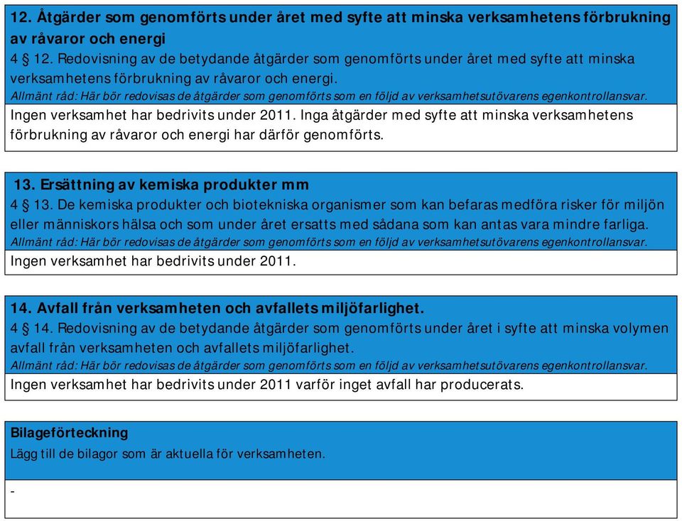 Allmänt råd: Här bör redovisas de åtgärder som genomförts som en följd av verksamhetsutövarens egenkontrollansvar. Ingen verksamhet har bedrivits under 2011.