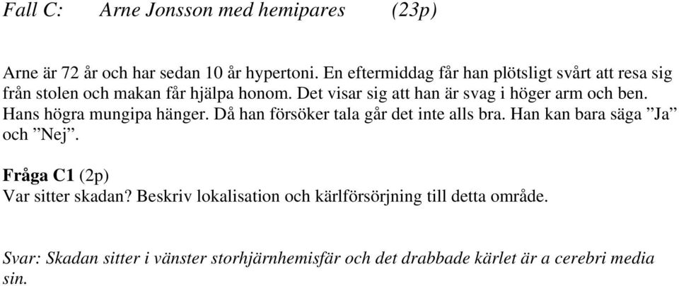 Det visar sig att han är svag i höger arm och ben. Hans högra mungipa hänger. Då han försöker tala går det inte alls bra.