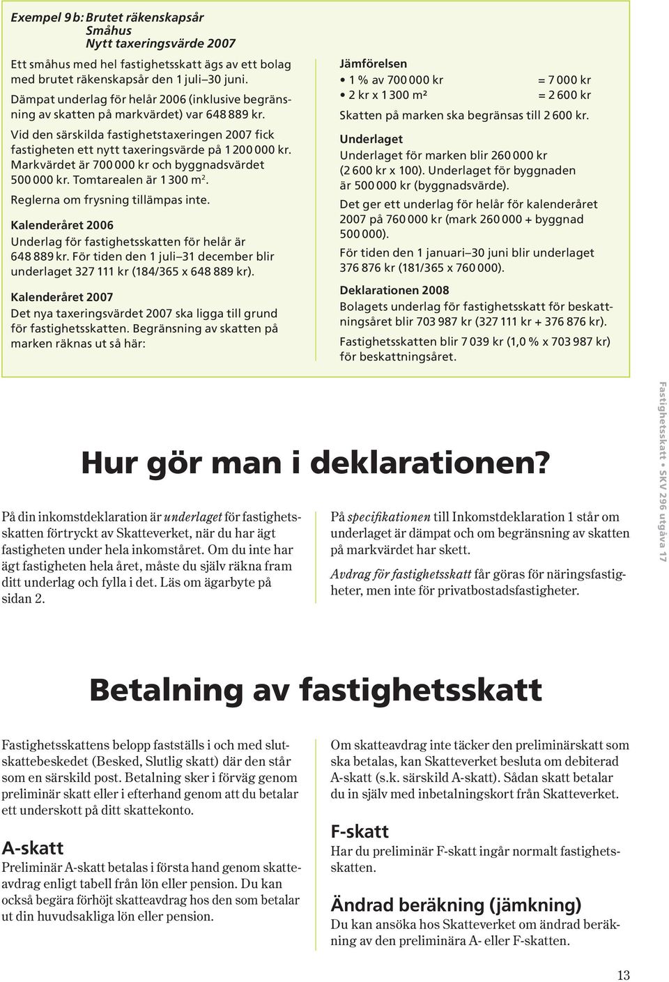 Markvärdet är 700 000 kr byggnadsvärdet 500 000 kr. Tomtarealen är 1 300 m 2. Reglerna om frysning tillämpas inte. Kalenderåret 2006 Underlag för fastighetsskatten för helår är 648 889 kr.