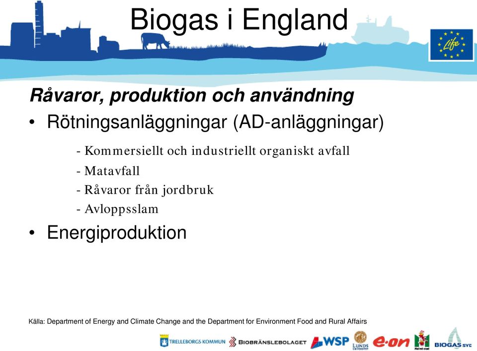 Matavfall - Råvaror från jordbruk - Avloppsslam Energiproduktion Källa: