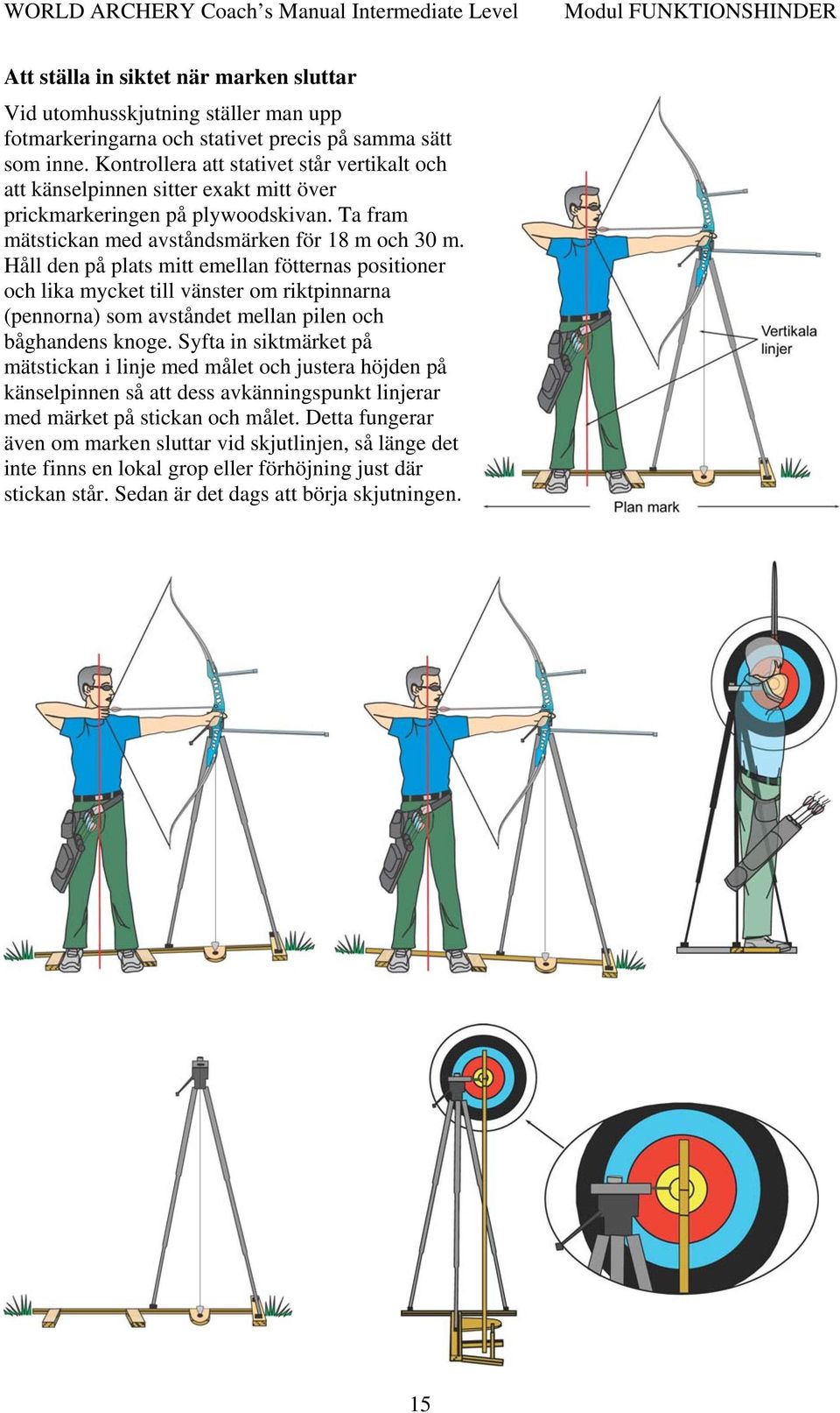Håll den på plats mitt emellan fötternas positioner och lika mycket till vänster om riktpinnarna (pennorna) som avståndet mellan pilen och båghandens knoge.