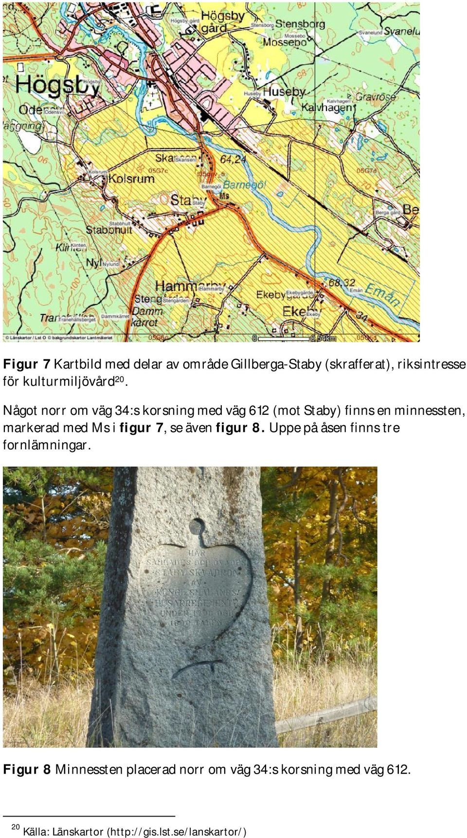 Något norr om väg 34:s korsning med väg 612 (mot Staby) finns en minnessten, markerad med Ms i