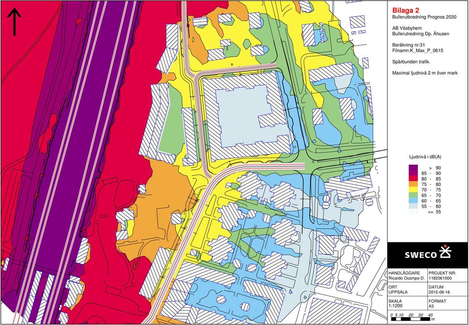 Maximal ljudnivå 2 m över mark Ljudnivå i db(a) > 90 85-90 80-85 75-80 70-75 65-70