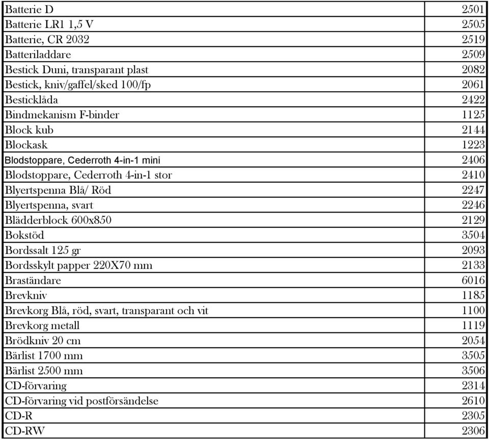 Blyertspenna, svart 2246 Blädderblock 600x850 2129 Bokstöd 3504 Bordssalt 125 gr 2093 Bordsskylt papper 220X70 mm 2133 Braständare 6016 Brevkniv 1185 Brevkorg Blå, röd,