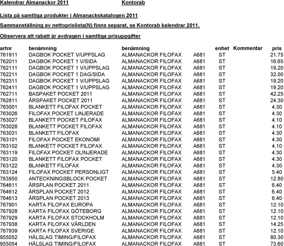 20 762711 BASPAKET POCKET 2011 ALMANACKOR FILOFAX A681 ST 42.25 762811 ÅRSPAKET POCKET 2011 ALMANACKOR FILOFAX A681 ST 24.30 763001 BLANKETT FILOFAX POCKET ALMANACKOR FILOFAX A681 ST 4.