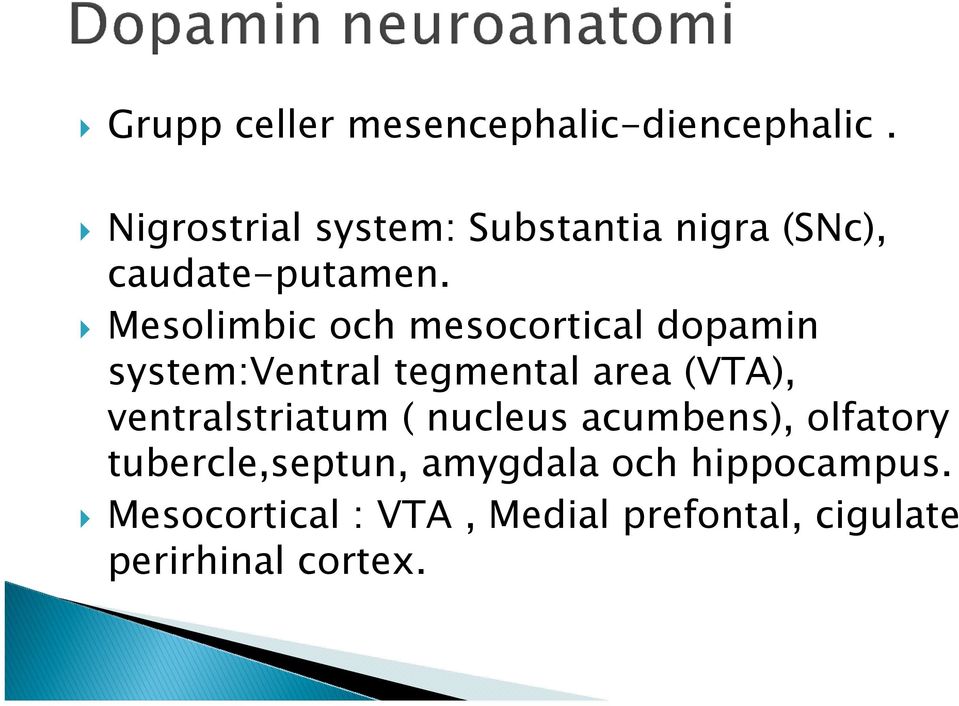Mesolimbic och mesocortical dopamin system:ventral tegmental area (VTA),
