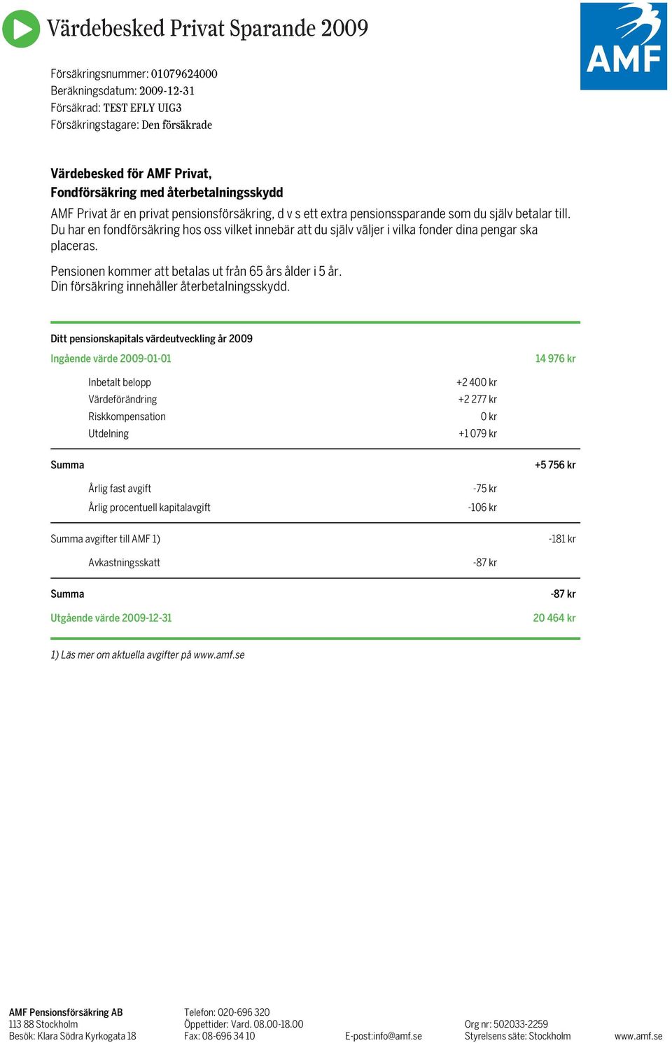 Pensionen kommer att betalas ut från 65 års ålder i 5 år. Din försäkring innehåller återbetalningsskydd.