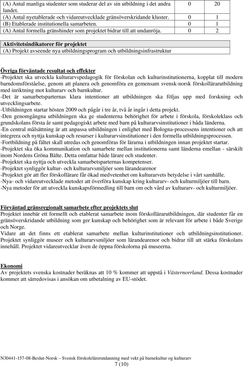 0 2 Aktivitetsindikatorer för projektet (A) Projekt avseende nya utbildningsprogram och utbildningsinfrastruktur Övriga förväntade resultat och effekter -Projektet ska utveckla kulturarvspedagogik