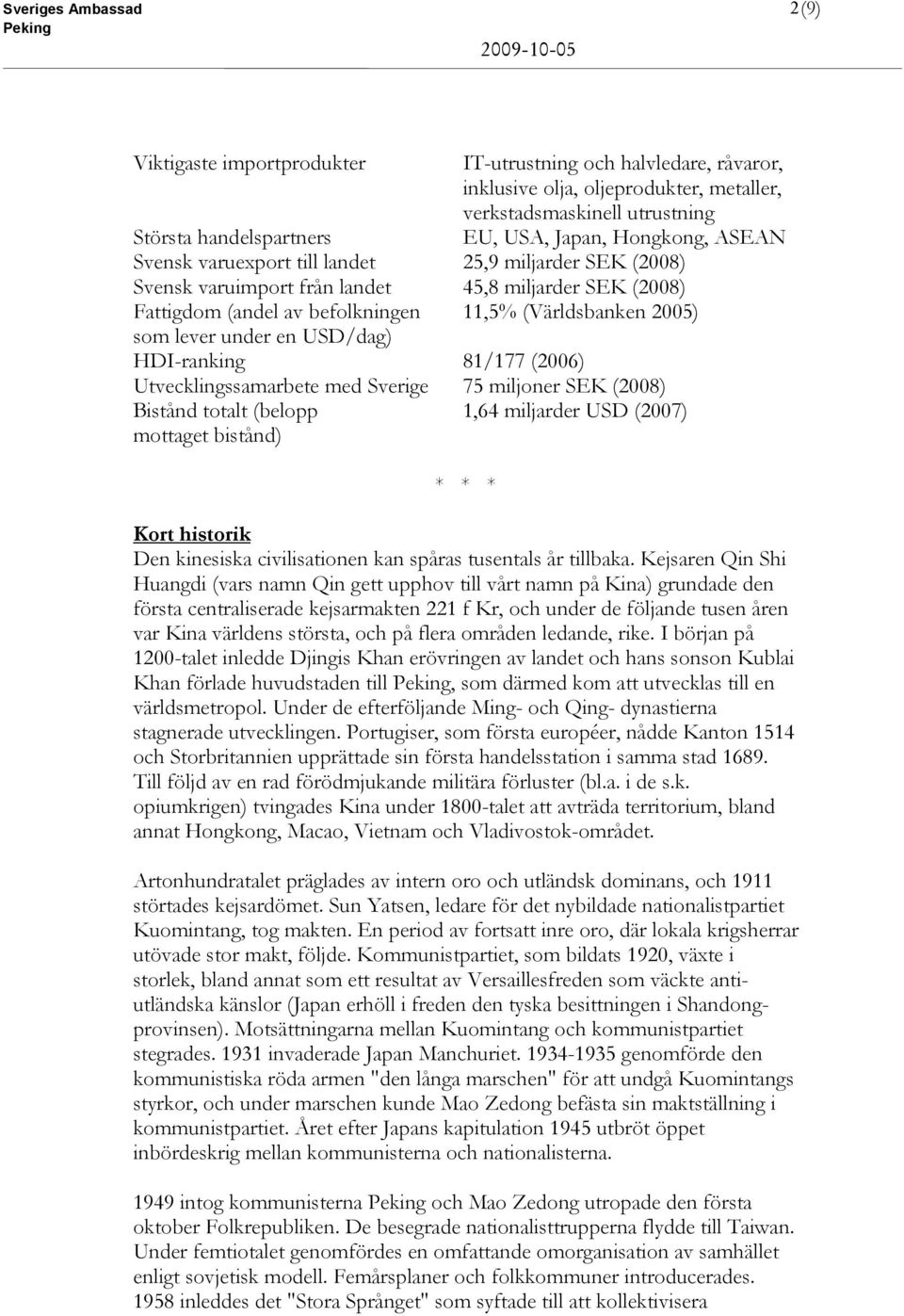 under en USD/dag) HDI-ranking 81/177 (2006) Utvecklingssamarbete med Sverige 75 miljoner SEK (2008) Bistånd totalt (belopp 1,64 miljarder USD (2007) mottaget bistånd) * * * Kort historik Den