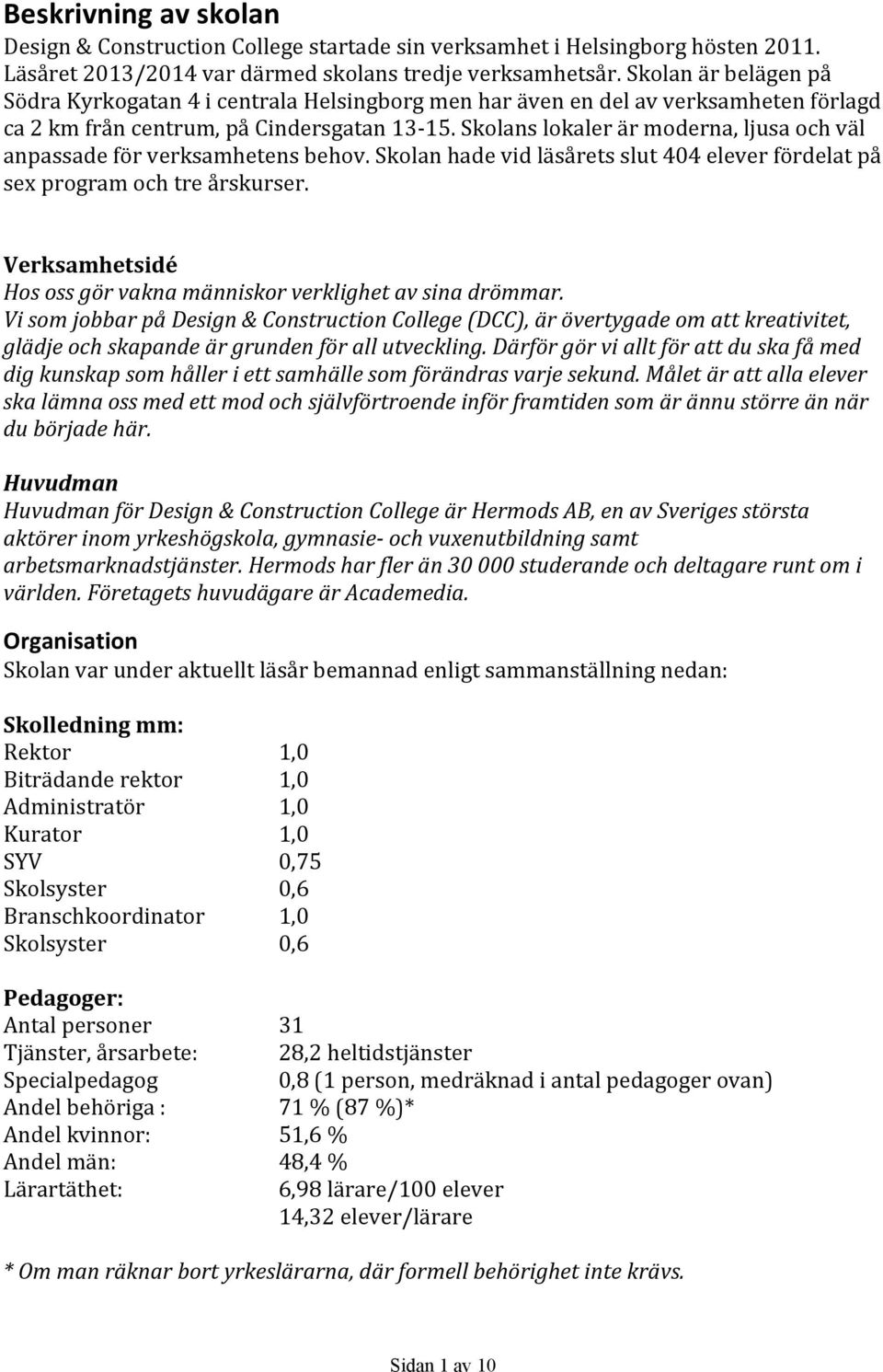 Skolans lokaler är moderna, ljusa och väl anpassade för verksamhetens behov. Skolan hade vid läsårets slut 404 elever fördelat på sex program och tre årskurser.