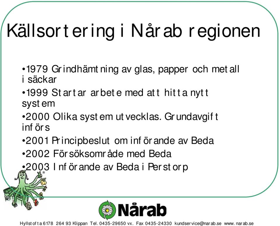 Grundavgift införs 2001 Principbeslut om införande av Beda 2002 Försöksområde med Beda 2003