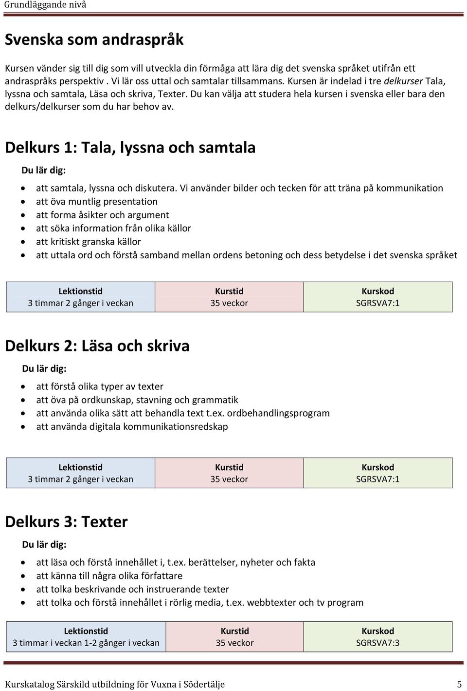 Du kan välja att studera hela kursen i svenska eller bara den delkurs/delkurser som du har behov av. Delkurs 1: Tala, lyssna och samtala att samtala, lyssna och diskutera.