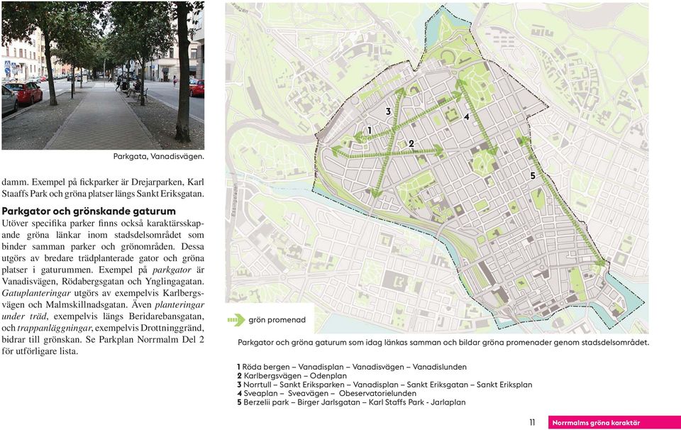 Dessa utgörs av bredare trädplanterade gator och gröna platser i gaturummen. Exempel på parkgator är Vanadisvägen, Rödabergsgatan och Ynglingagatan.