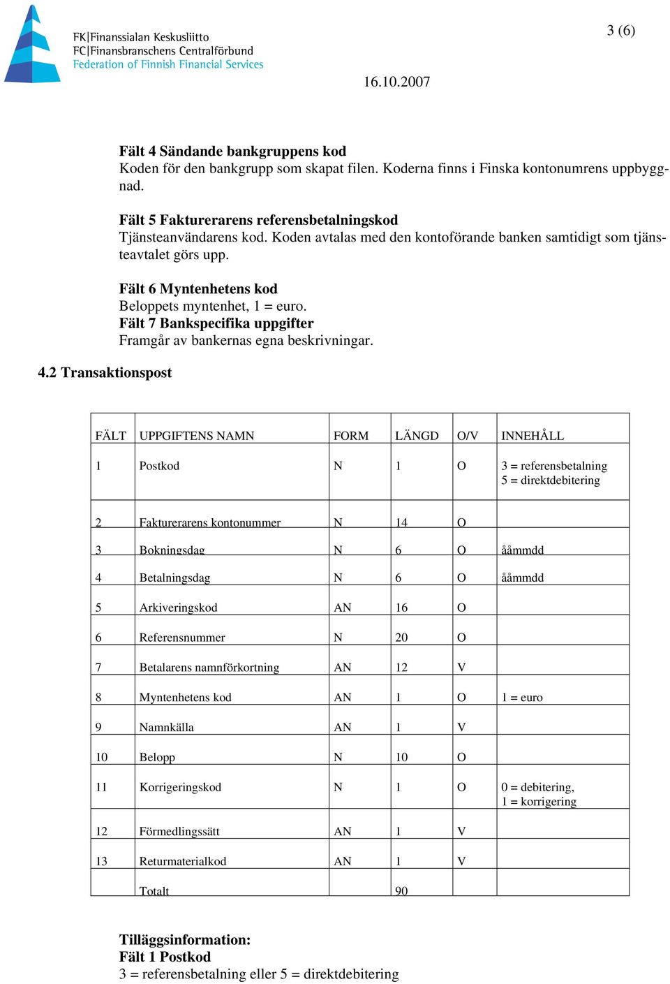 Fält 6 Myntenhetens kod Beloppets myntenhet, 1 = euro. Fält 7 Bankspecifika uppgifter Framgår av bankernas egna beskrivningar.